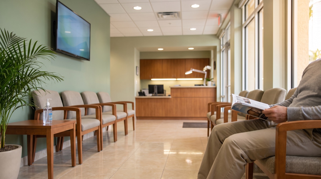Adult patient sitting calmly in a community medical clinic waiting room in South Florida, reading a magazine before a Hepatitis C testing appointment